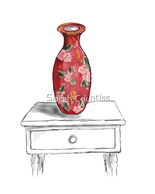 "Watercolor Sketch Still Life with Red Floral Vase" by Sarah Countiss