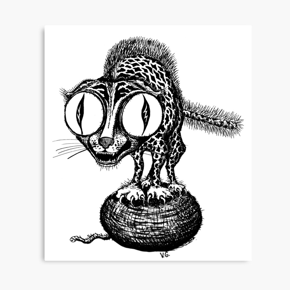 Crazy Cat Surreal Black And White Pen Ink Drawing Canvas