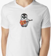 Baby Penguin Playing Macedonian Flag Guitar Men's V-Neck T-Shirt