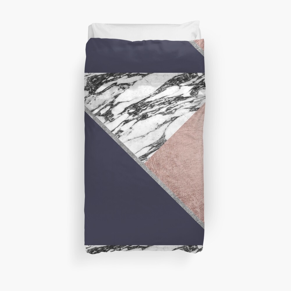 Marble Rose Gold Navy Blue Triangle Geometric Duvet Cover By