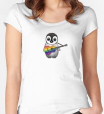 Baby Penguin Playing Gay Pride Rainbow Flag Guitar Women's Fitted Scoop T-Shirt