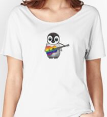 Baby Penguin Playing Gay Pride Rainbow Flag Guitar Women's Relaxed Fit T-Shirt