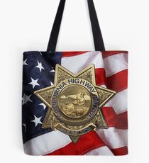 California Highway Patrol - CHP Police Officer Badge over American Flag Tote Bag