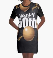 Happy 50th golden balloon and streamers design. To celebrate a 50th gold anniversary, birthday or other special event. Layered type on a dark background. Graphic T-Shirt Dress
