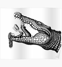 Crocodile Reading surreal pen ink black and white drawing Poster