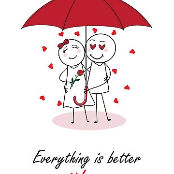Valentines Day Romantic couple art design drawing under umbrella