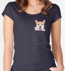 Camiseta entallada de cuello redondo Corgi In Pocket camiseta Cute Paws Blush Smile Puppy Emoji