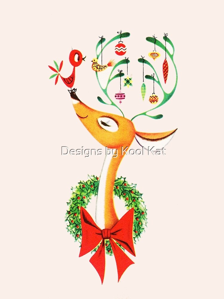 "Vintage Mid Century Christmas Card Reindeer with Wreath & Bird" by