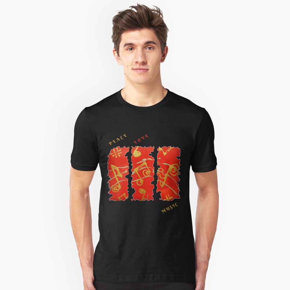 RED GOLD SONG MUSICAL NOTES PEACE LOVE MUSIC Slim Fit T-Shirt