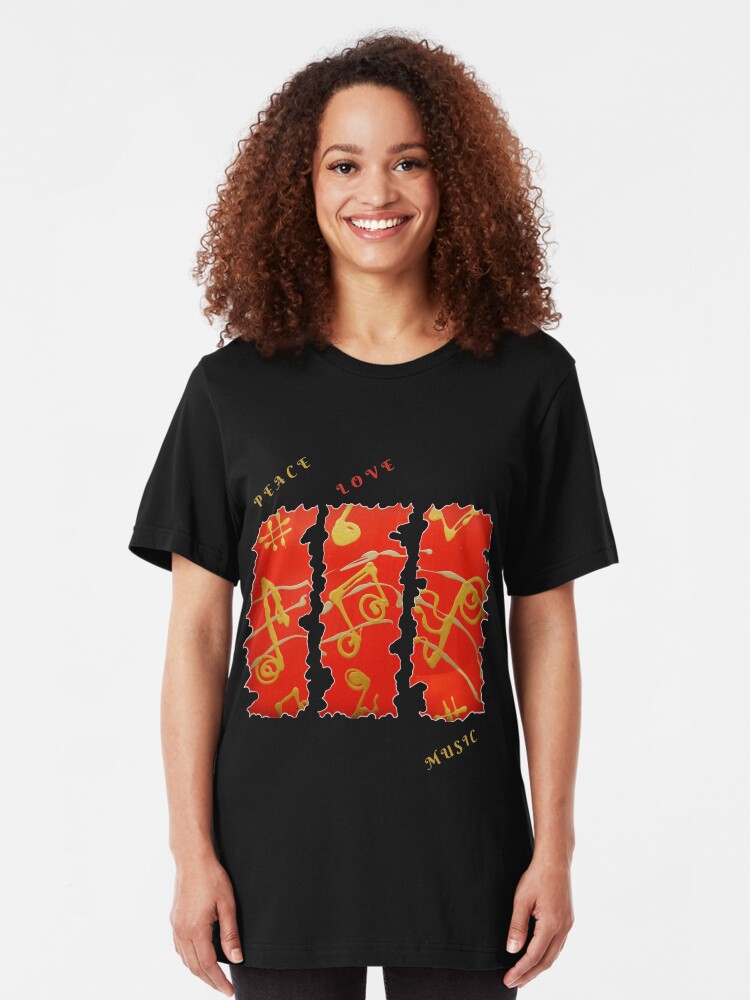 Alternate view of RED GOLD SONG MUSICAL NOTES PEACE LOVE MUSIC Slim Fit T-Shirt