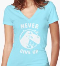 T Rex says "Never Give Up!" Women's Fitted V-Neck T-Shirt