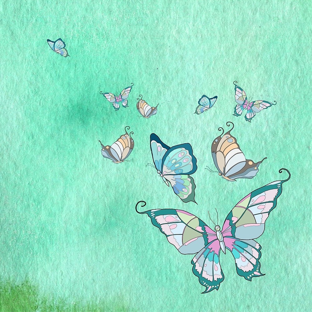 Butterflies On A Lite Blue Watercolor Background By Margo Soleil