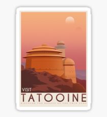 Tatooine poster. Tatooine retro travel. Starwars planet illustration. Sci fi vintage print. Luke skywalker. Landspeeder. Two mons landscape. Return of the jedi. Sticker