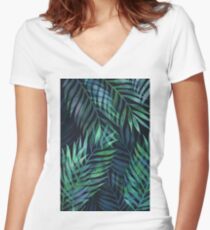 Dark green palms leaves pattern Women's Fitted V-Neck T-Shirt