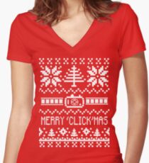 Ugly Christmas Sweater - Camera / Merry 'Click'Mas Women's Fitted V-Neck T-Shirt