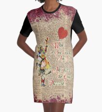 Vintage Alice in Wonderland Collage Who In The World Am I Quote Graphic T-Shirt Dress