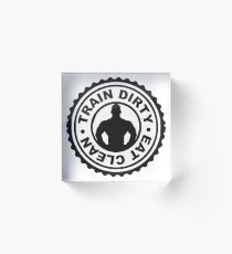stamp button eat clean weights saying cool text logo design train dirty weightlifting color muscles strong dumbbell workout Acrylic Block