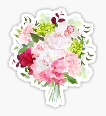 Beautiful vector bouquet with peony, rose, carnation, hydrangea, orchid, green plants on white vector design set. Bunch of flowers in modern mixed style. All elements are isolated and editable. Sticker