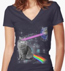 Outer Space Rainbow Kitty Cat Laser Eyes On Earth Women's Fitted V-Neck T-Shirt