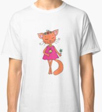 Cute cat with closed eyes in pink dress with bird Classic T-Shirt