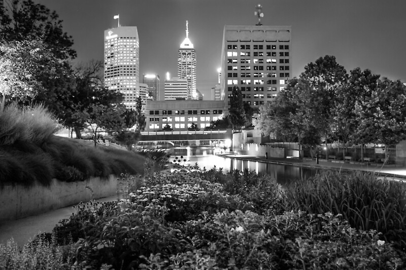 Downtown Indianapolis Skyline At Night Black And White Art Print