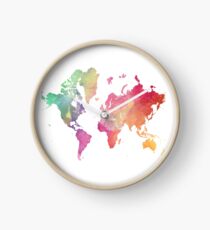 World Map with Watercolor Wash Clock