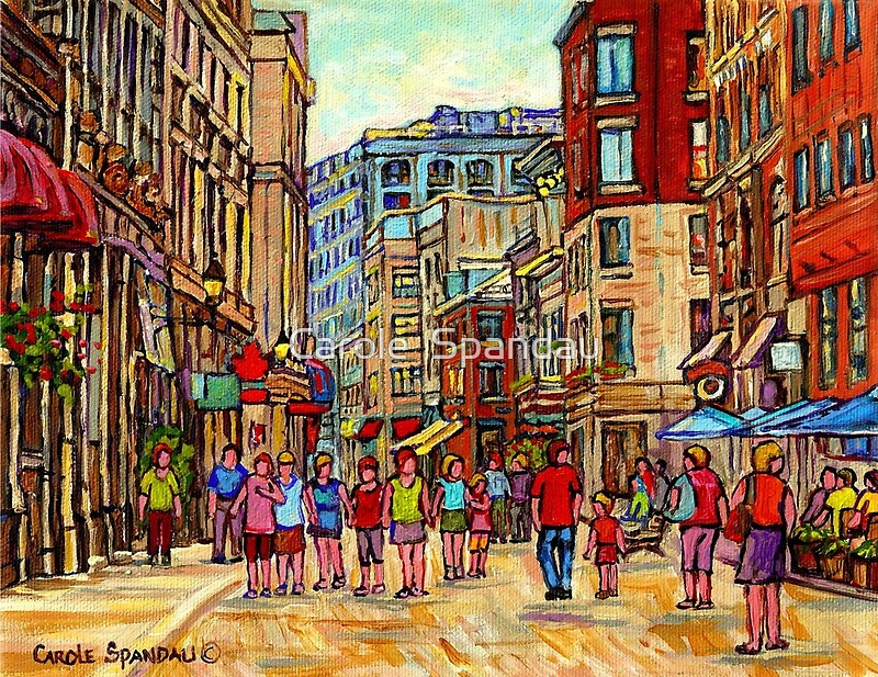 "PEOPLE WALKING INTHE CITY OLD MONTREAL SUMMER STREET SCENE PAINTING OF