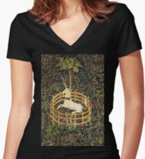 UNICORN AND GOTHIC FANTASY FLOWERS,FLORAL MOTIFS Women's Fitted V-Neck T-Shirt