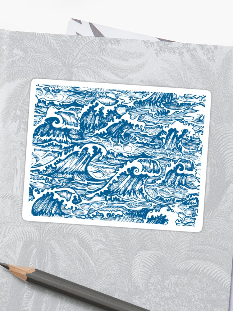 Blue Surf Waves Tsunami Japanese Design Sticker By Dv Ltd