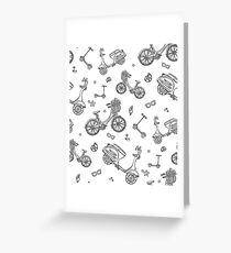 black and white seamless pattern with motorbike, bicycle, scooter Greeting Card