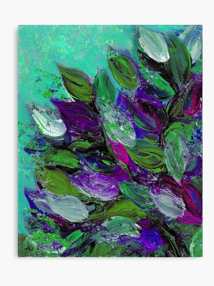 Blooming Beaute Mint Vert Violet élégant Floral Abstrait Feuilles Jardin Fantaisie Texturale Coloré Acrylique Fleurs Peinture Impression Sur Toile