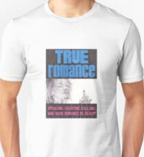 Camiseta unisex VERDADERO ROMANCE Cartel de cine dibujado a mano con lapiz