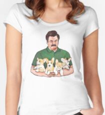Ron Swanson Holding Corgi Puppies Women's Fitted Scoop T-Shirt