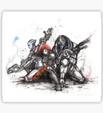 Shepard, Garrus and Liara trio sumi and watercolor style Sticker