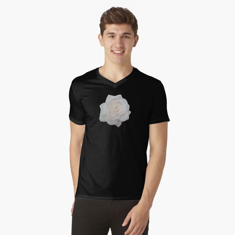 Elegant White Rose V-Neck T-Shirt
