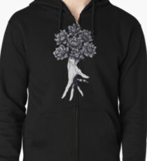 Hand with lotuses on black Zipped Hoodie