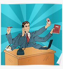 Business Superman Pop Art Banner. Man with Many Hands Doing a Lot of Things.Illustration Poster