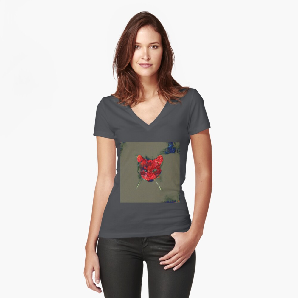 Ninja cat hiding in poppy #Art Fitted V-Neck T-Shirt