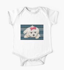 Cute Maltese Dog with Creme Fur and Red Ribbon One Piece - Short Sleeve