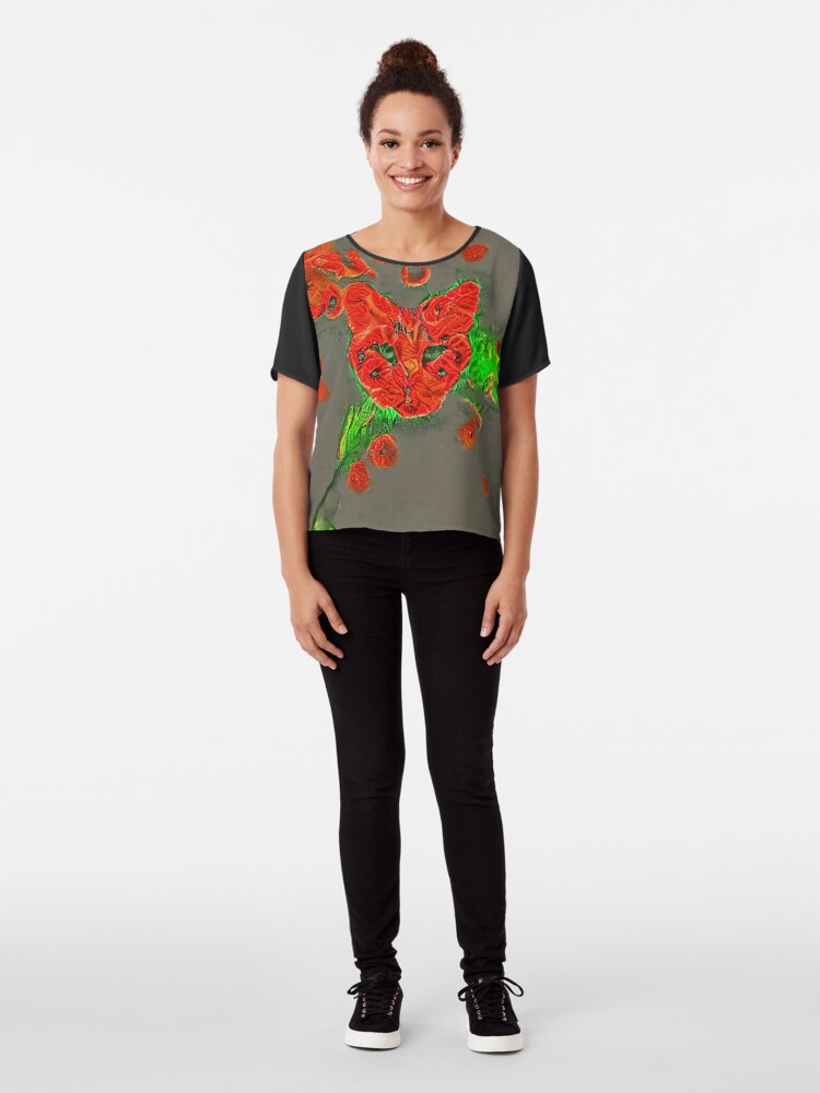 Alternate view of Ninja cat hiding in poppies #Art Chiffon Top