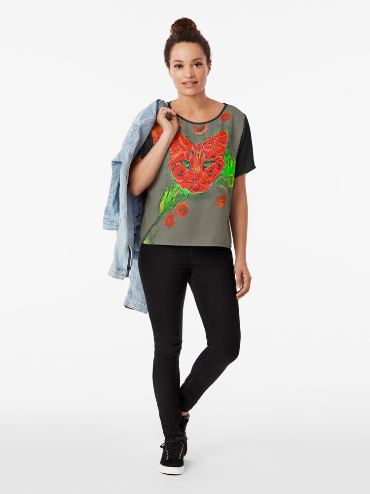 Alternate view of Ninja cat hiding in poppies #Art Chiffon Top