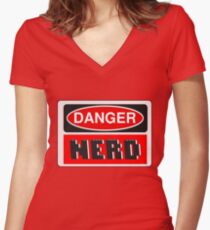 Danger Nerd Sign Women's Fitted V-Neck T-Shirt