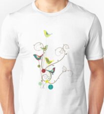 Colorful Whimsical Summer Red, Teal and Yellow Birds with Swirls Unisex T-Shirt