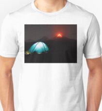 Illuminated tourist tent at night on background of erupting Klyuchevskaya Sopka Unisex T-Shirt