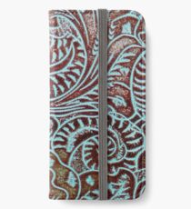 Aqua Brown Tooled Leather iPhone Wallet/Case/Skin