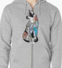 Cat in Lotus Tattoo Zipped Hoodie