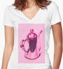 Metallic, shiny, glossy drawing of teapot isolated. Women's Fitted V-Neck T-Shirt