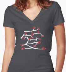 Chinese 'Ai' (Love) Calligraphy With Red Cherry Blossoms On White Branches | Japanese Sakura Kanji Women's Fitted V-Neck T-Shirt