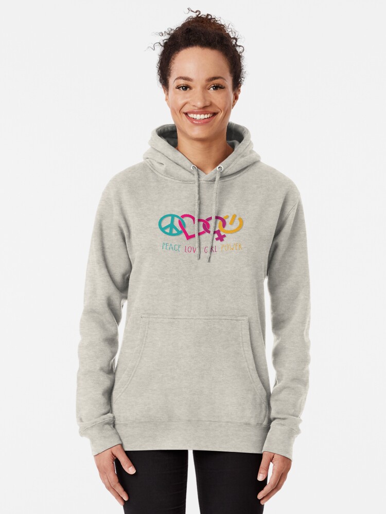 Alternate view of Peace Love Girl Power Symbol Multicolor Pullover Hoodie