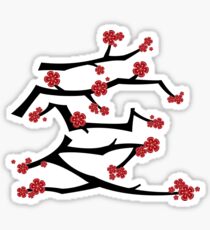 Chinese 'Ai' (Love) Calligraphy With Red Cherry Blossoms On Black Branches | Japanese Sakura Kanji Sticker